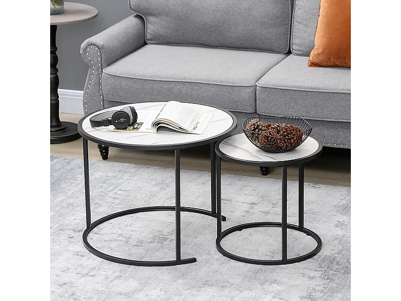 Lot de 2 Tables Basses Rondes gigogne empilables Plateau en bois aspect marbre et Pieds en métal Noir