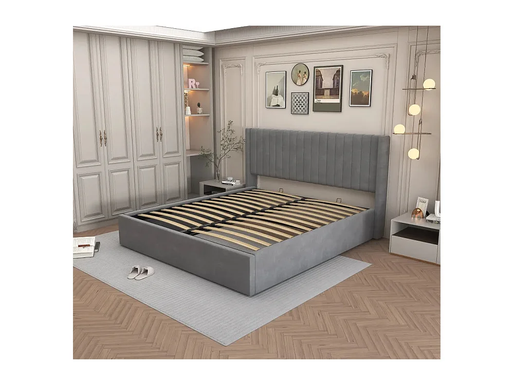 LIT DOUBLE COFFRE CAMILLE EN VELOURS GRIS 140X190CM