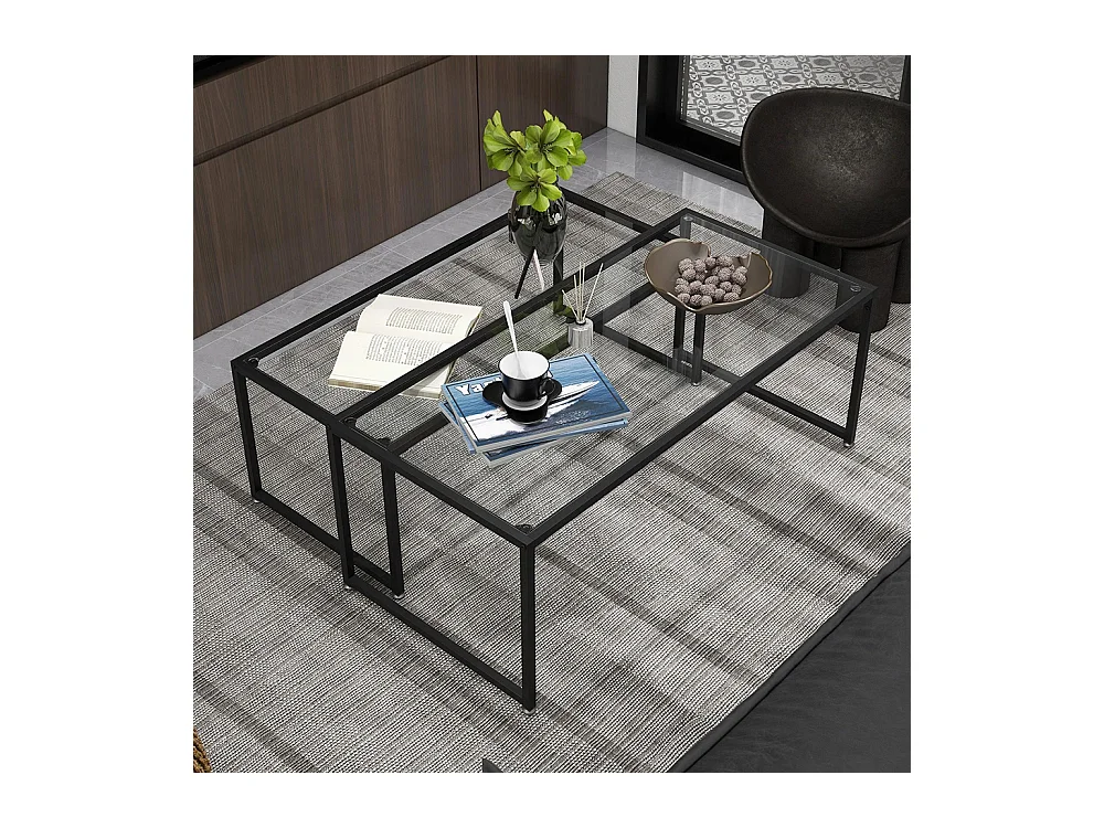 Lot de 2 tables basses tables de salon rectangulaires design en acier noir et plateaux en verre trempé