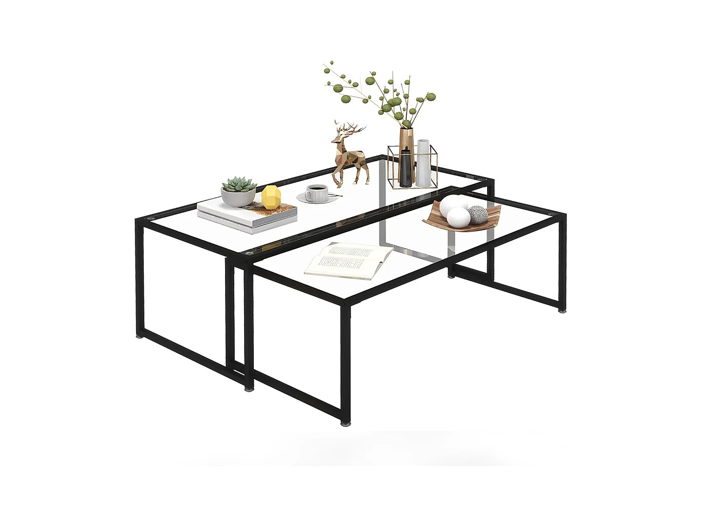 Lot de 2 tables basses tables de salon rectangulaires design en acier noir et plateaux en verre trempé