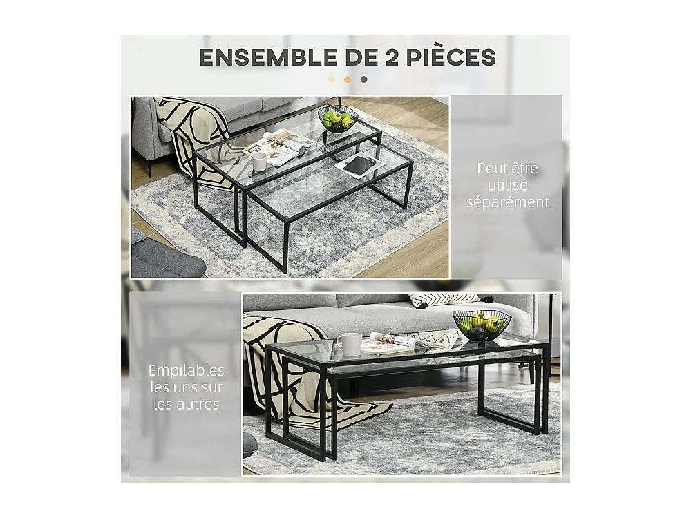 Lot de 2 tables basses tables de salon rectangulaires design en acier noir et plateaux en verre trempé