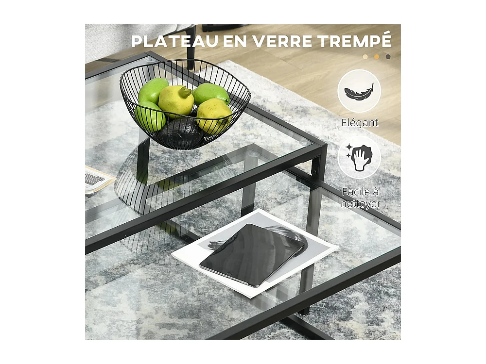 Lot de 2 tables basses tables de salon rectangulaires design en acier noir et plateaux en verre trempé