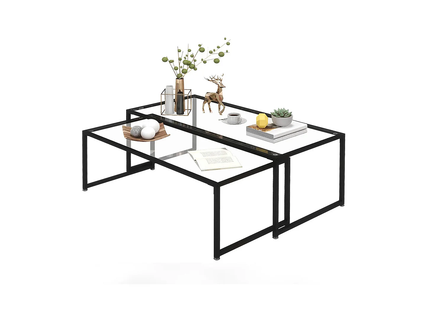 Lot de 2 tables basses tables de salon rectangulaires design en acier noir et plateaux en verre trempé