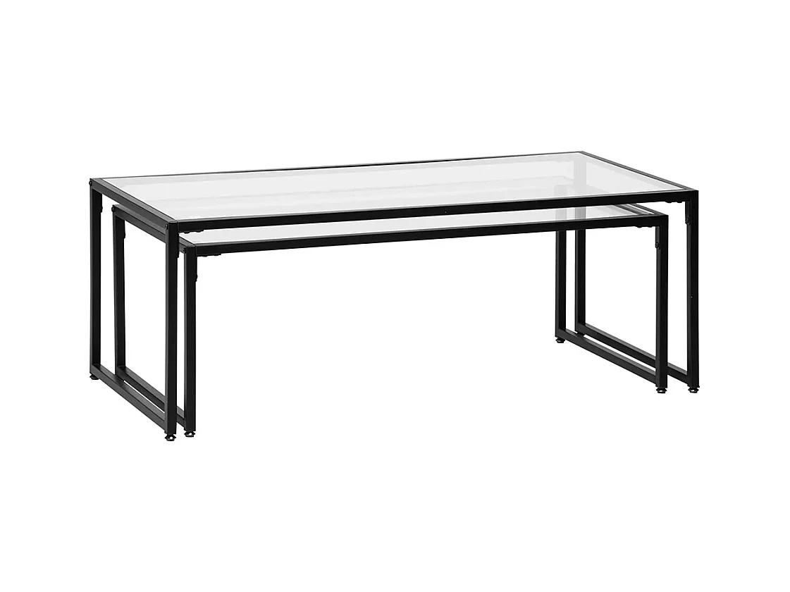 Lot de 2 tables basses tables de salon rectangulaires design en acier noir et plateaux en verre trempé