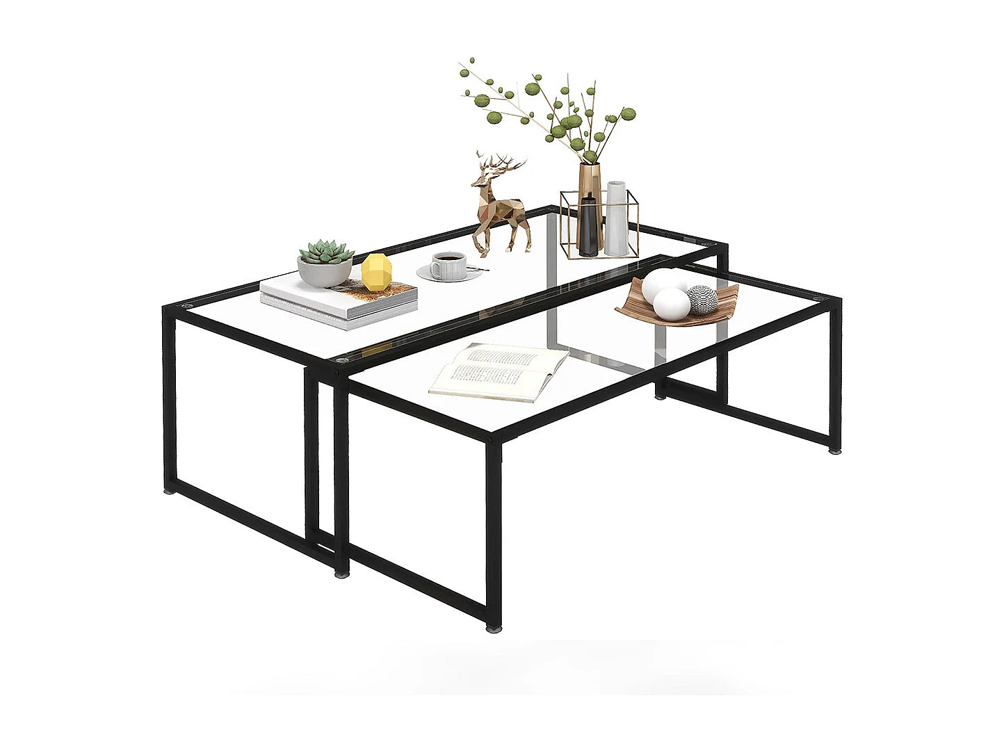 Lot de 2 tables basses tables de salon rectangulaires design en acier noir et plateaux en verre trempé