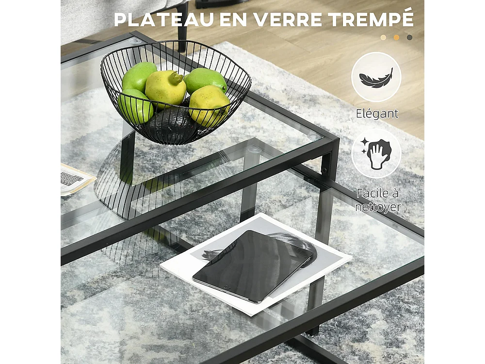 Lot de 2 tables basses tables de salon rectangulaires design en acier noir et plateaux en verre trempé