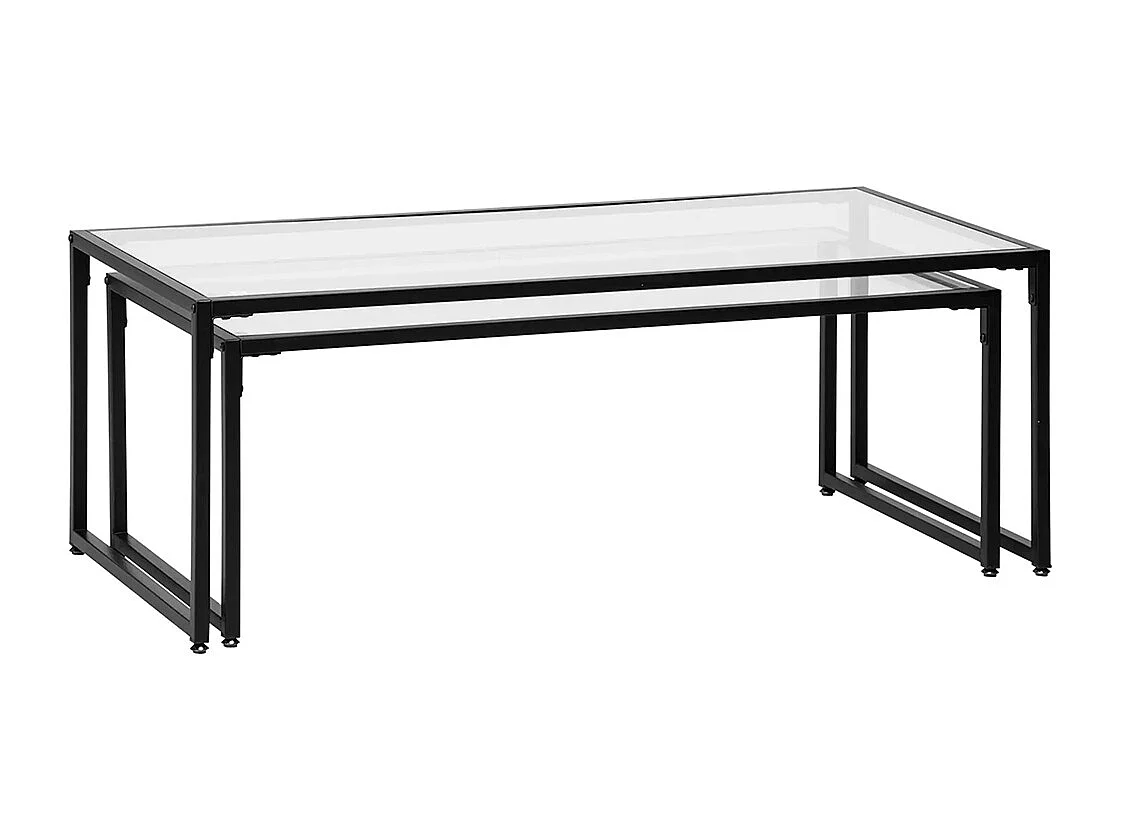 Lot de 2 tables basses tables de salon rectangulaires design en acier noir et plateaux en verre trempé