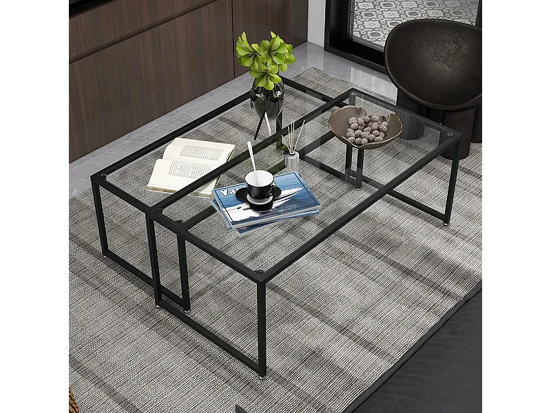 Lot de 2 tables basses tables de salon rectangulaires design en acier noir et plateaux en verre trempé