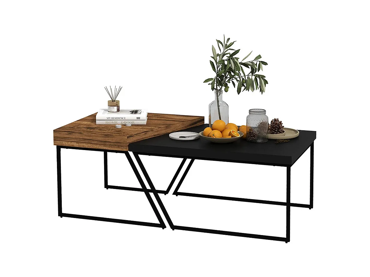 Lot de 2 tables basses design industriel géométrique effet bois et acier noir