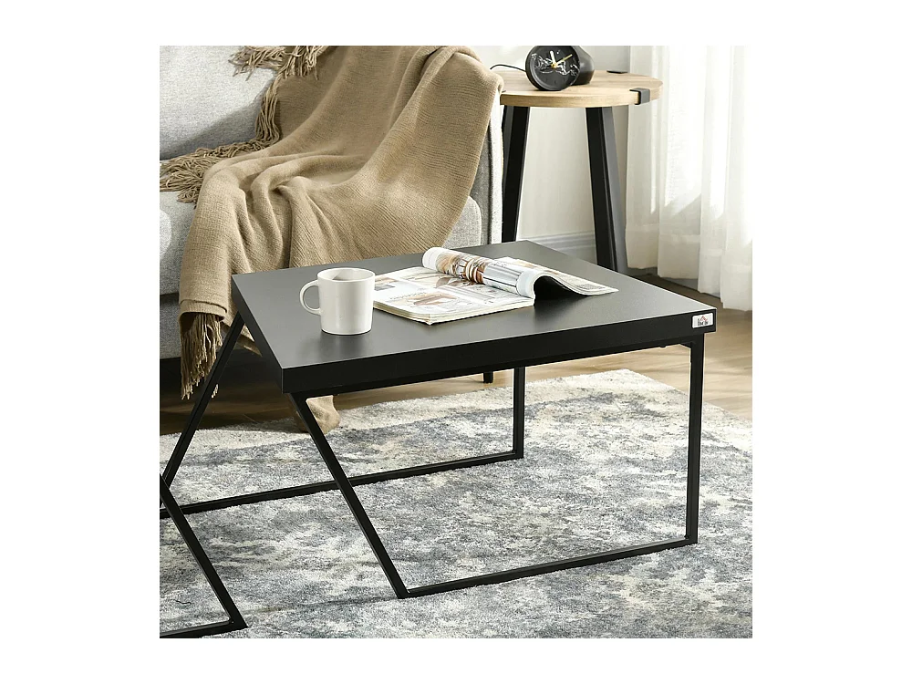 Lot de 2 tables basses design industriel géométrique effet bois et acier noir