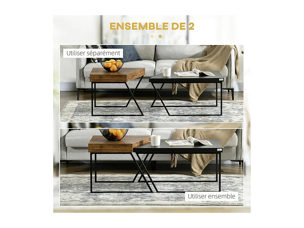 Lot de 2 tables basses design industriel géométrique effet bois et acier noir