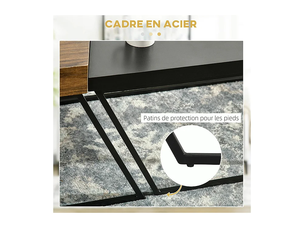 Lot de 2 tables basses design industriel géométrique effet bois et acier noir