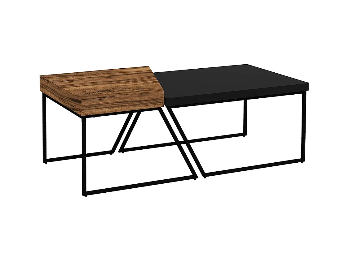 Lot de 2 tables basses design industriel géométrique effet bois et acier noir