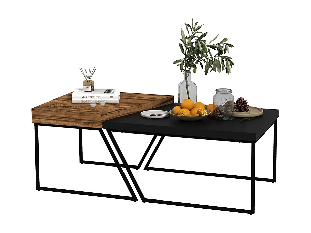 Lot de 2 tables basses design industriel géométrique effet bois et acier noir