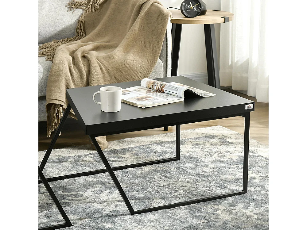 Lot de 2 tables basses design industriel géométrique effet bois et acier noir