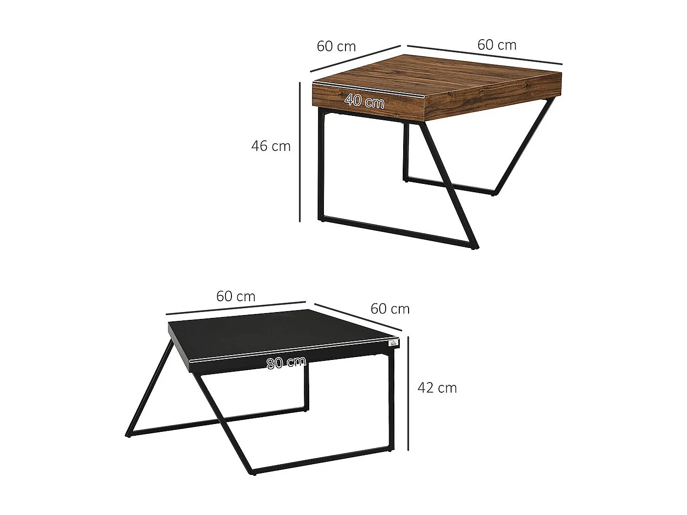 Lot de 2 tables basses design industriel géométrique effet bois et acier noir