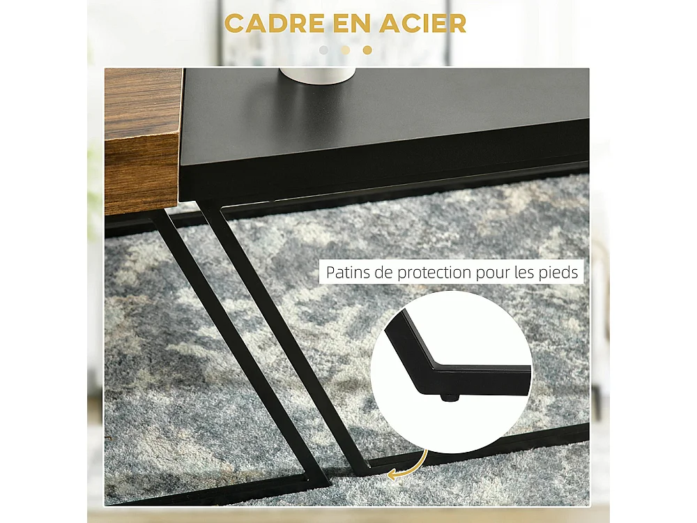 Lot de 2 tables basses design industriel géométrique effet bois et acier noir