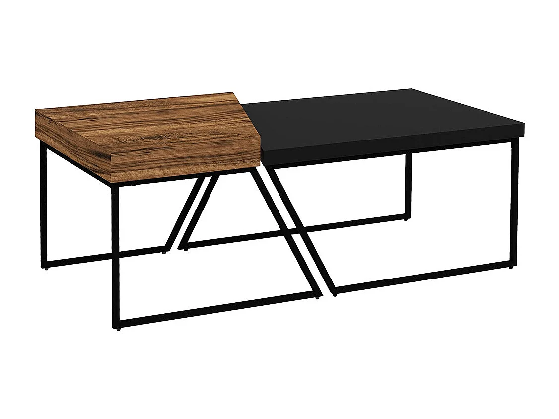 Lot de 2 tables basses design industriel géométrique effet bois et acier noir