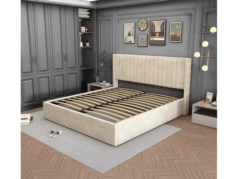 LIT DOUBLE COFFRE CAMILLE EN VELOURS BEIGE 140X190CM