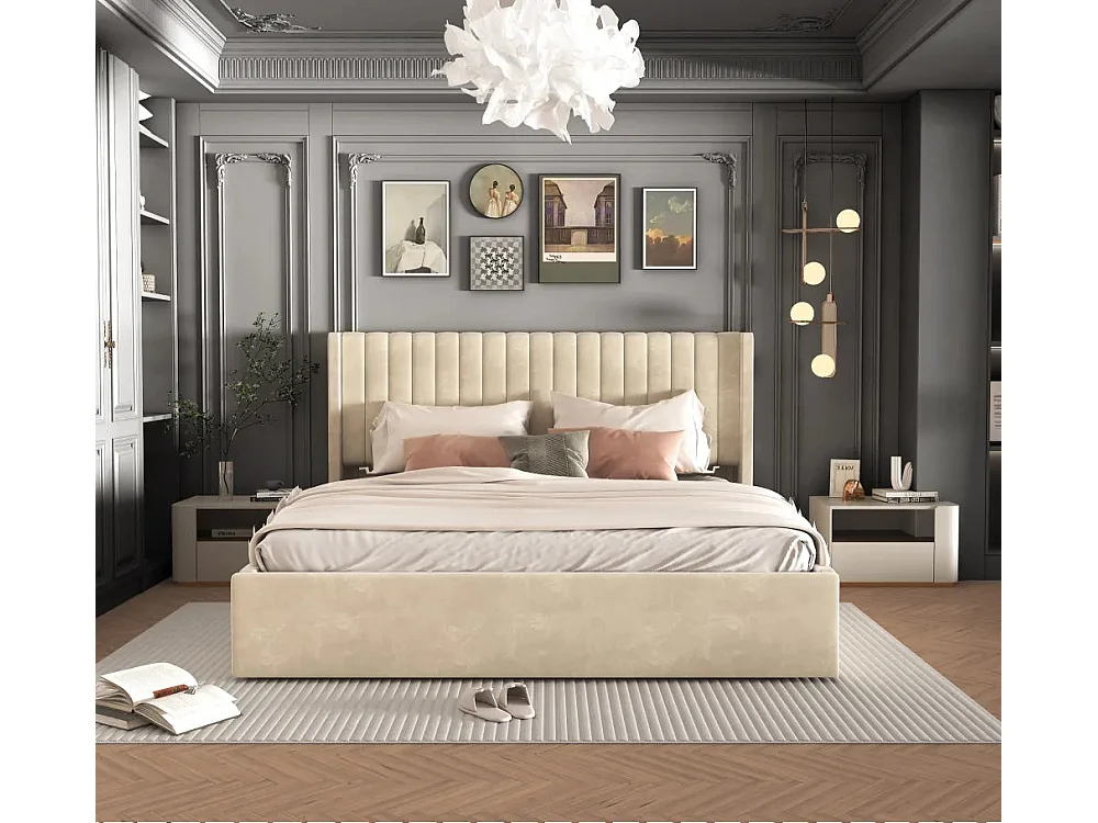 LIT DOUBLE COFFRE CAMILLE EN VELOURS BEIGE 140X190CM