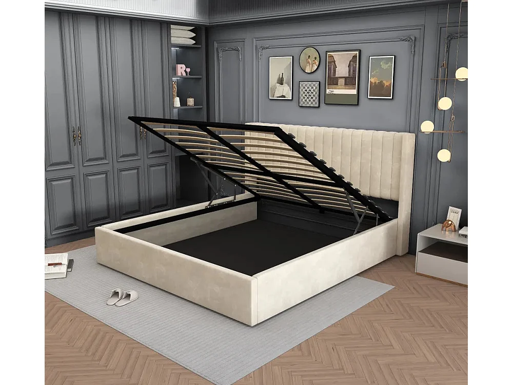 LIT DOUBLE COFFRE CAMILLE EN VELOURS BEIGE 140X190CM