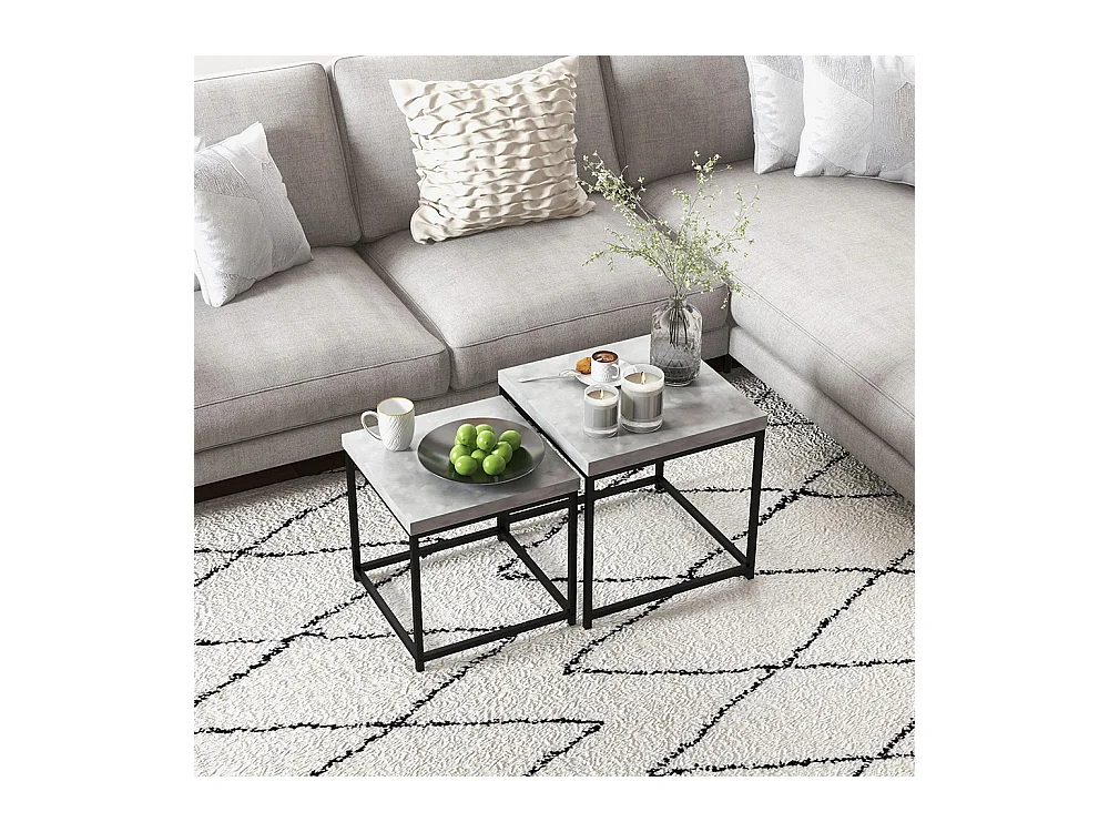 Lot de 2 tables basses carrées tables de salon cadre en acier et plateaux en bois gris