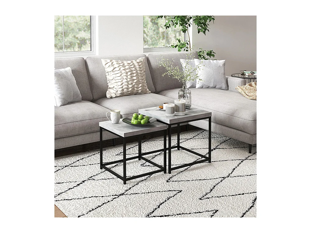 Lot de 2 tables basses carrées tables de salon cadre en acier et plateaux en bois gris