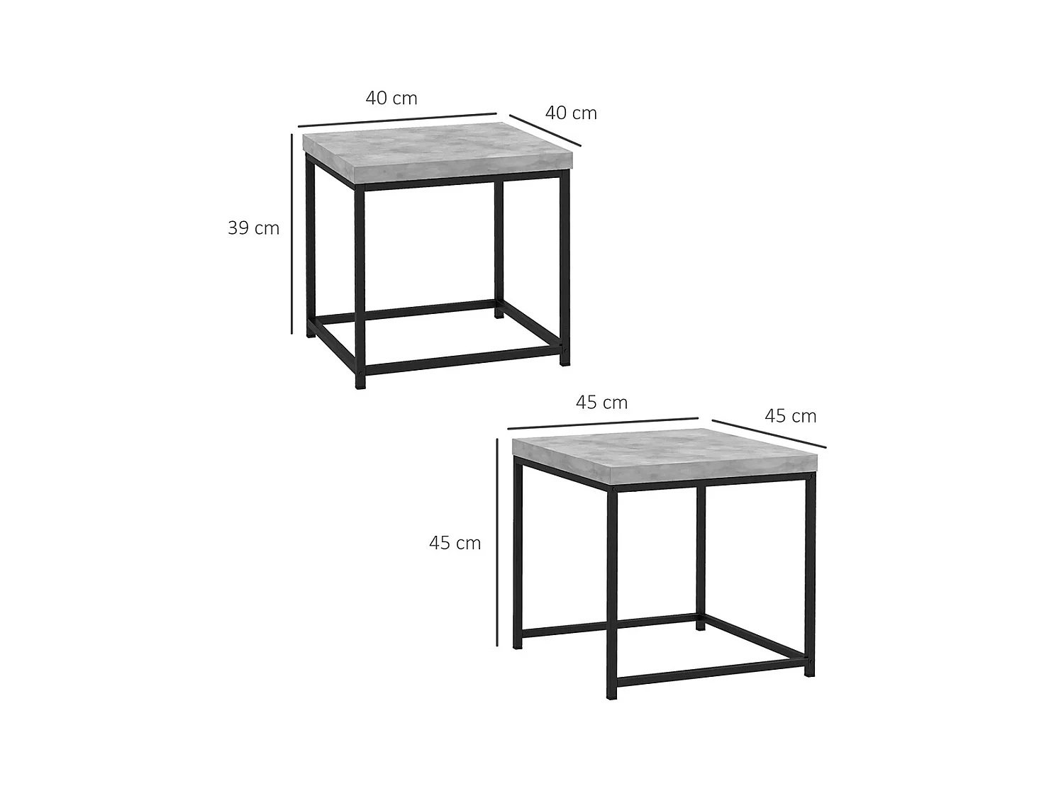 Lot de 2 tables basses carrées tables de salon cadre en acier et plateaux en bois gris
