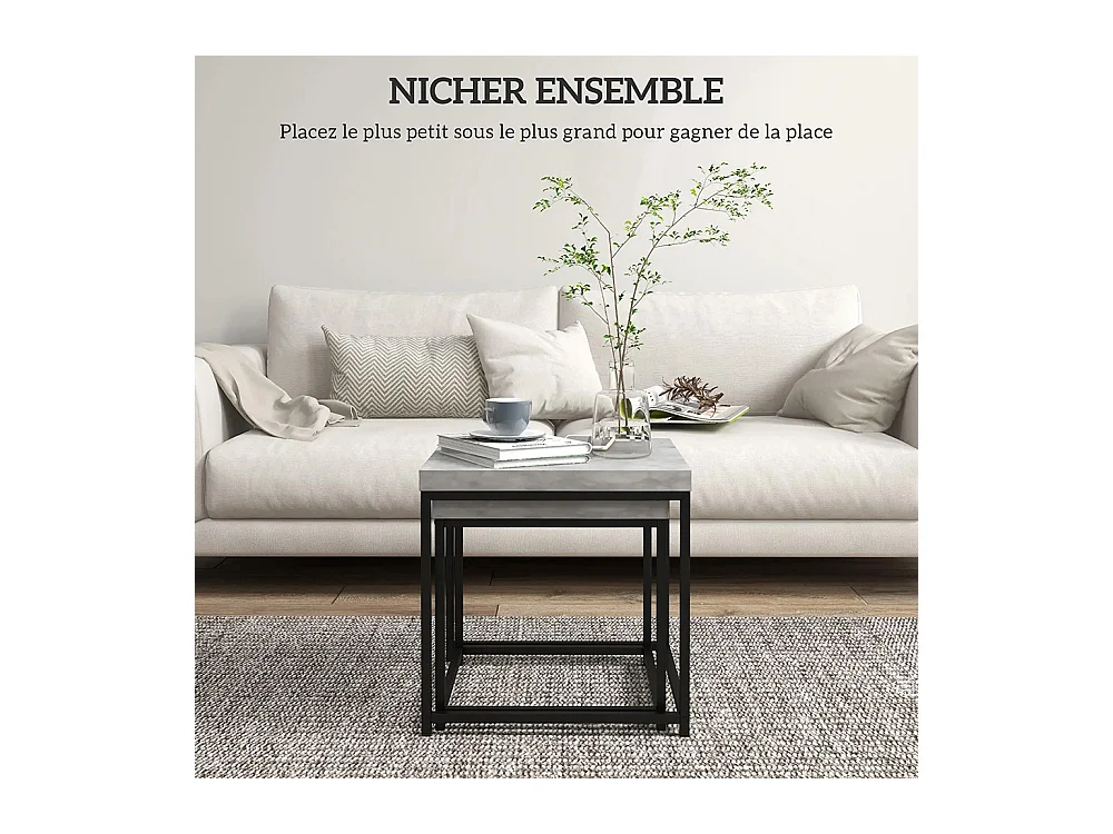 Lot de 2 tables basses carrées tables de salon cadre en acier et plateaux en bois gris