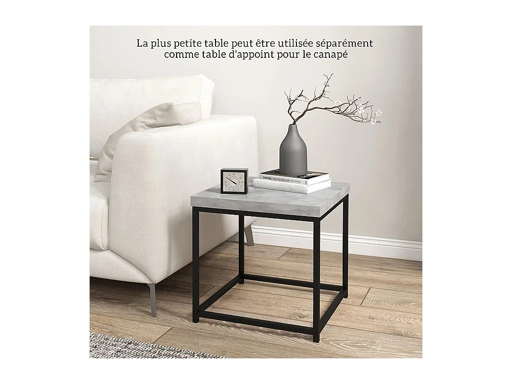 Lot de 2 tables basses carrées tables de salon cadre en acier et plateaux en bois gris