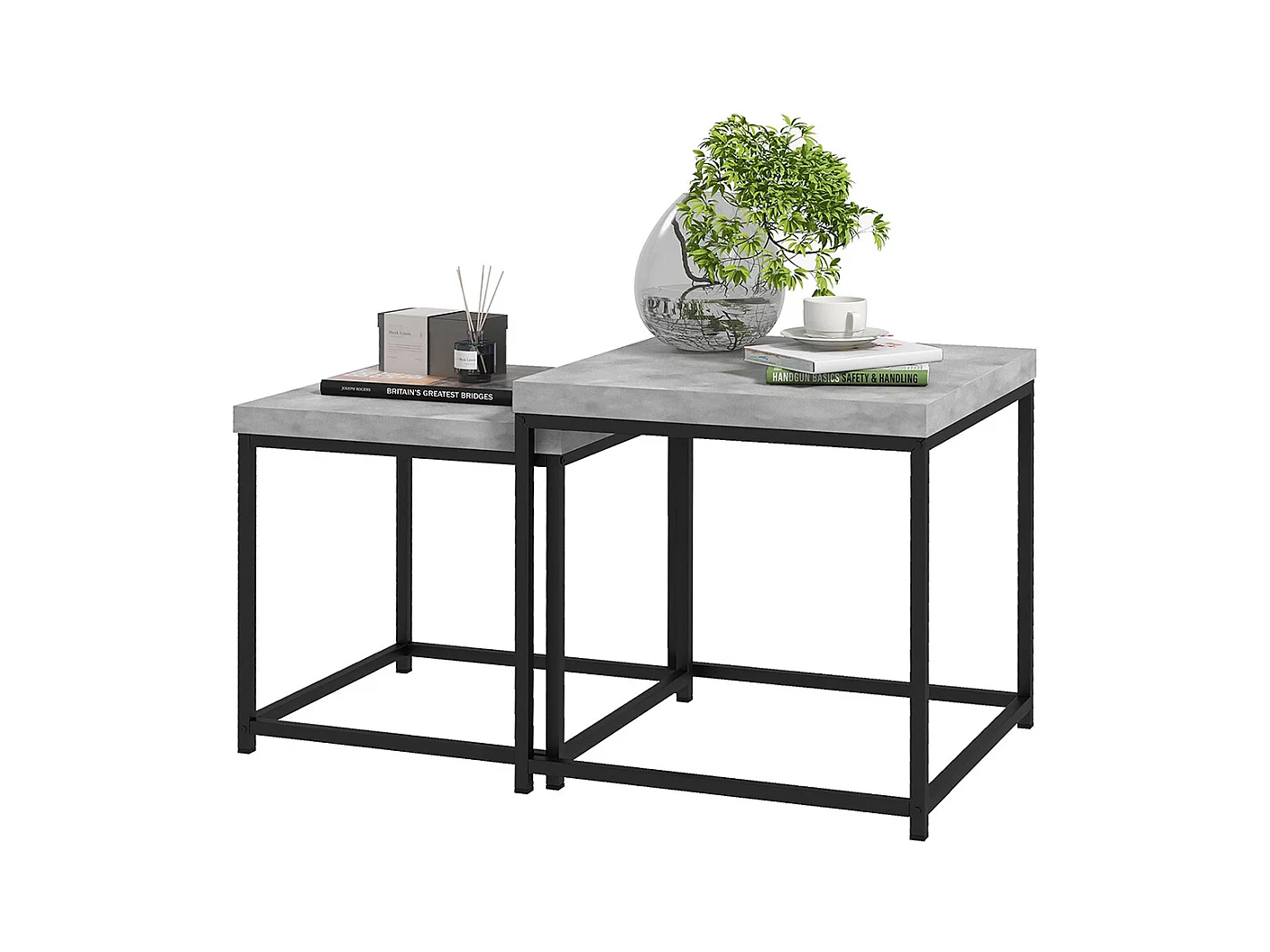 Lot de 2 tables basses carrées tables de salon cadre en acier et plateaux en bois gris