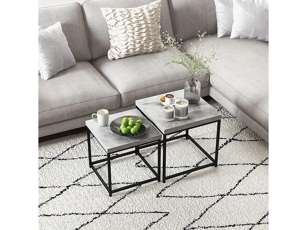 Lot de 2 tables basses carrées tables de salon cadre en acier et plateaux en bois gris