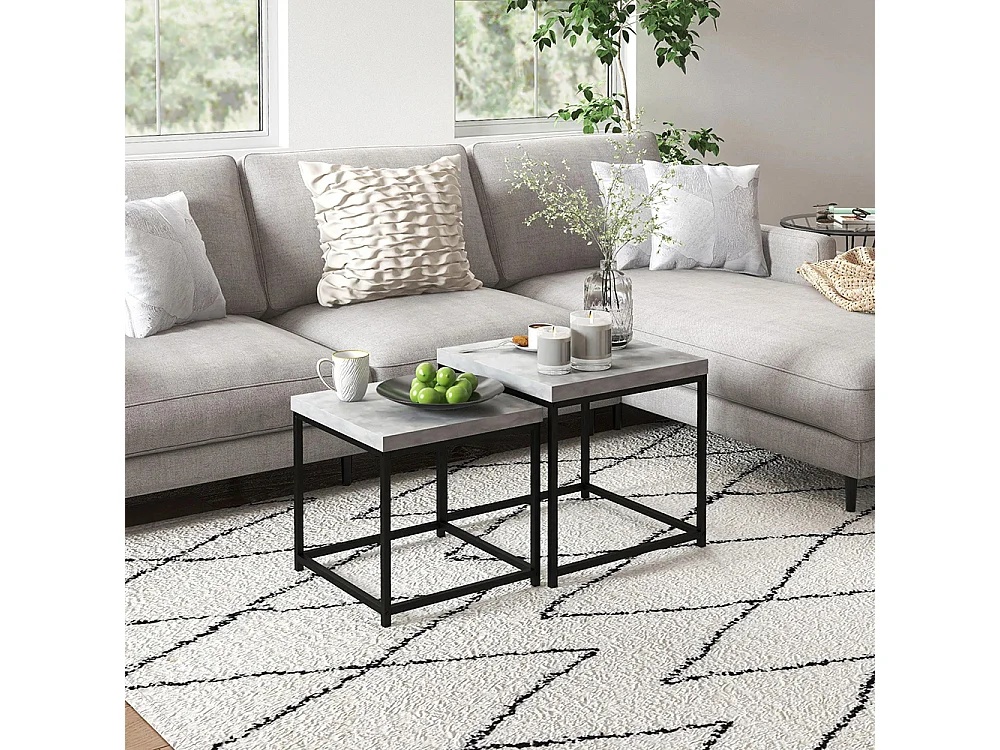 Lot de 2 tables basses carrées tables de salon cadre en acier et plateaux en bois gris