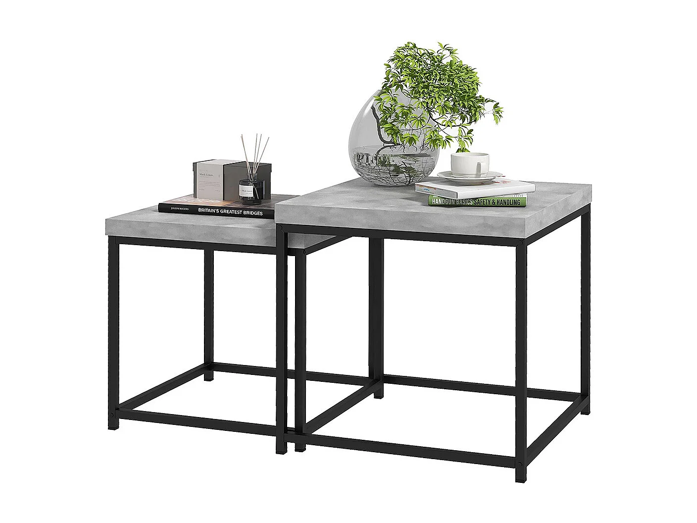 Lot de 2 tables basses carrées tables de salon cadre en acier et plateaux en bois gris