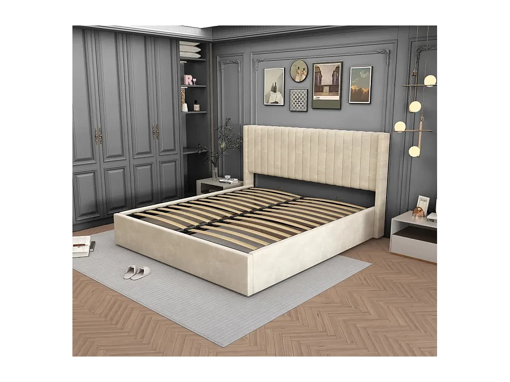 LIT DOUBLE COFFRE BEIGE CAMILLE BEIGE en velours 180X200CM