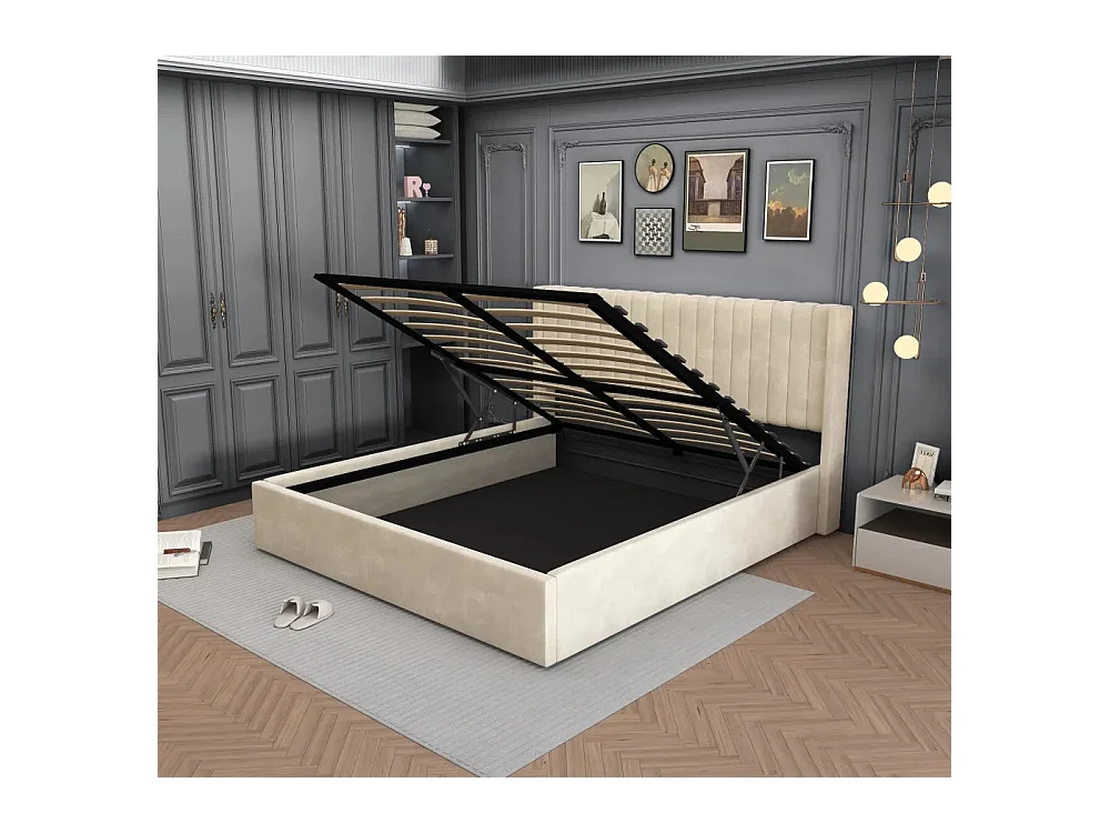 LIT DOUBLE COFFRE BEIGE CAMILLE BEIGE en velours 180X200CM