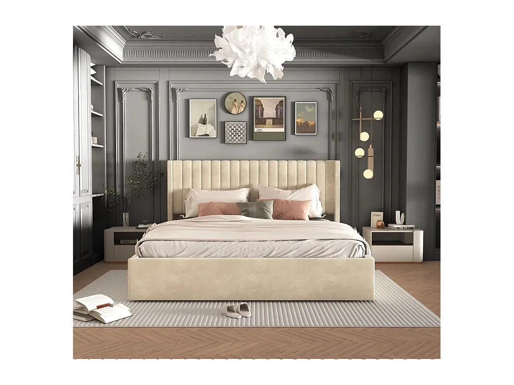 LIT DOUBLE COFFRE BEIGE CAMILLE BEIGE en velours 180X200CM