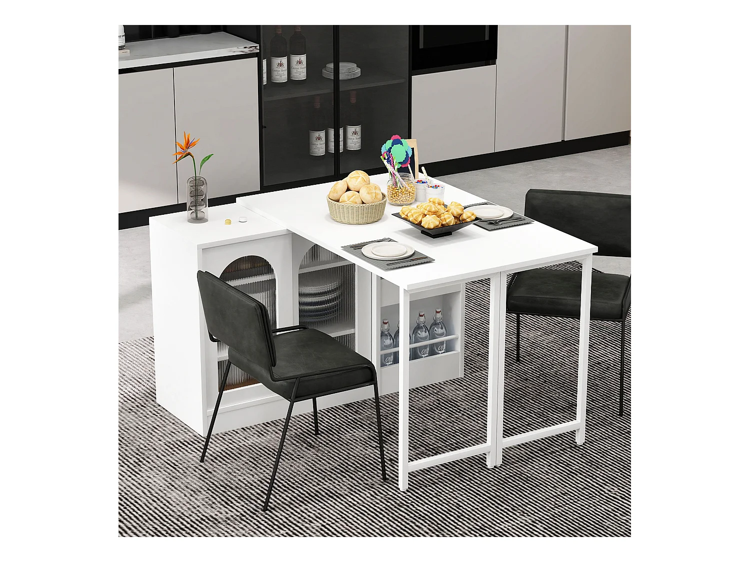 Table de bar extensible rotative à 360°avec portes vitrées - 121.5 x 40 x 76.7 cm - MDF - blanc