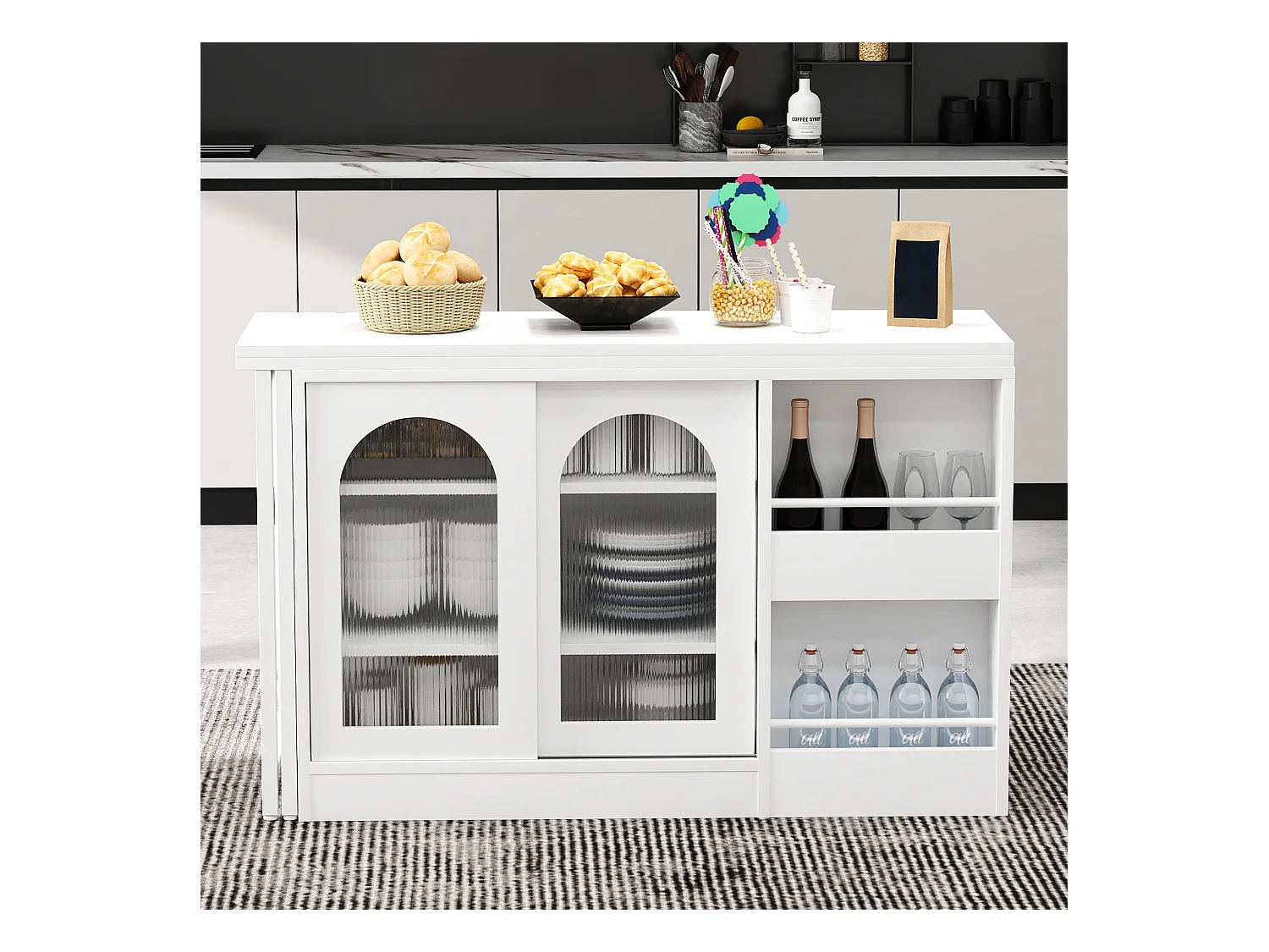 Table de bar extensible rotative à 360°avec portes vitrées - 121.5 x 40 x 76.7 cm - MDF - blanc