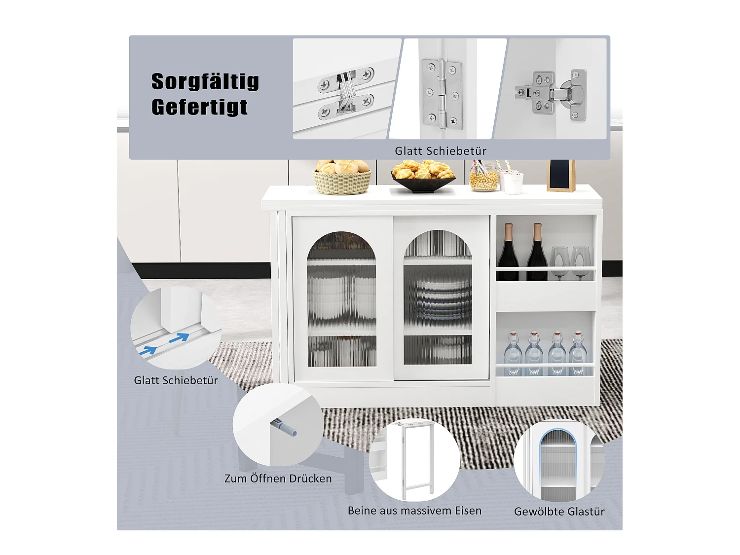 Table de bar extensible rotative à 360°avec portes vitrées - 121.5 x 40 x 76.7 cm - MDF - blanc