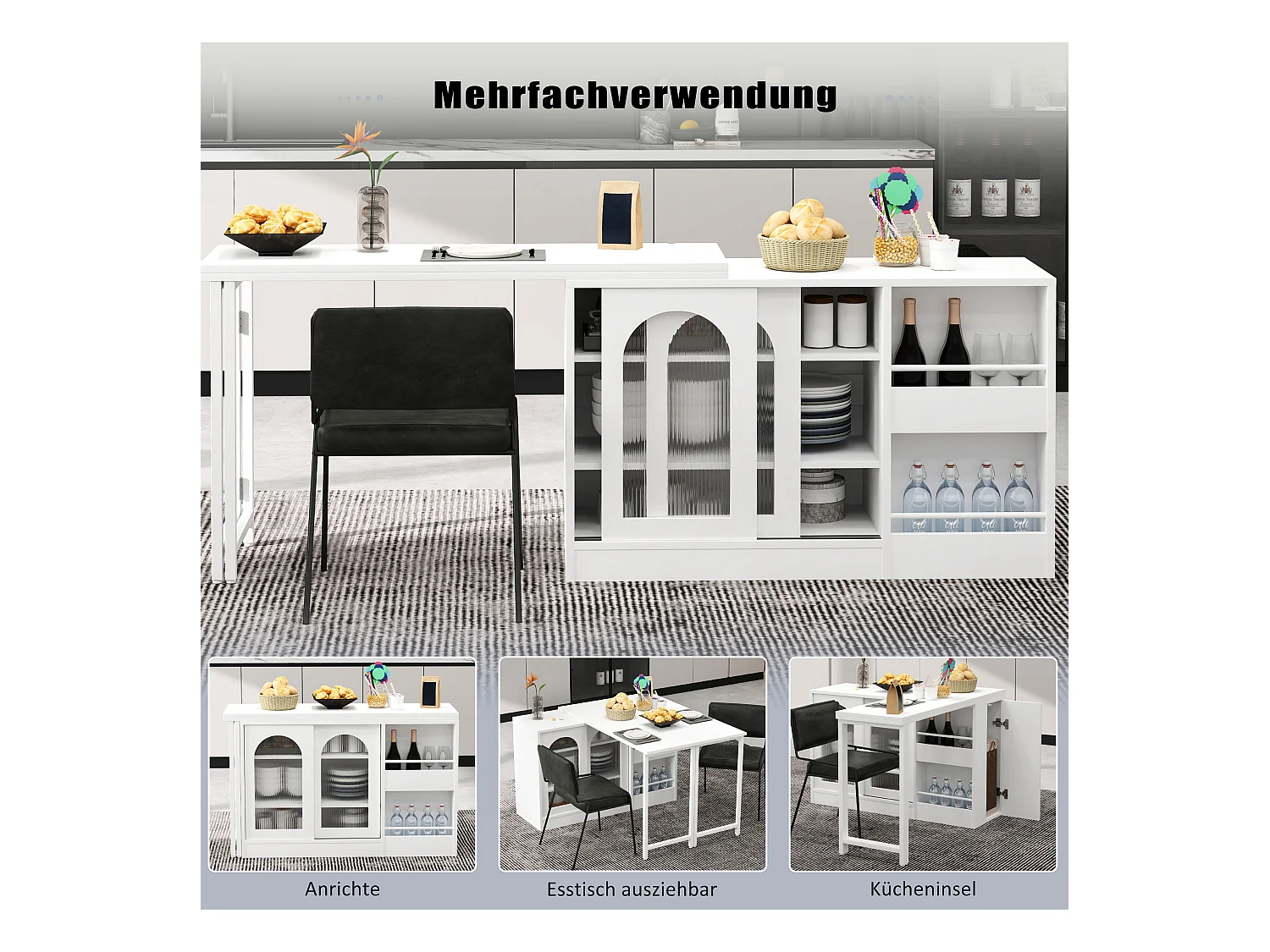 Table de bar extensible rotative à 360°avec portes vitrées - 121.5 x 40 x 76.7 cm - MDF - blanc