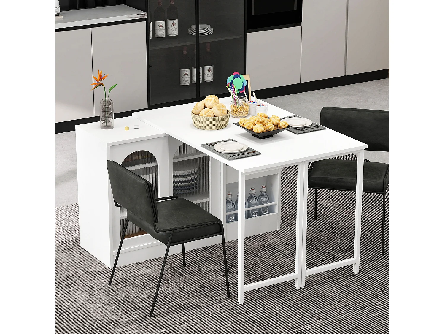 Table de bar extensible rotative à 360°avec portes vitrées - 121.5 x 40 x 76.7 cm - MDF - blanc