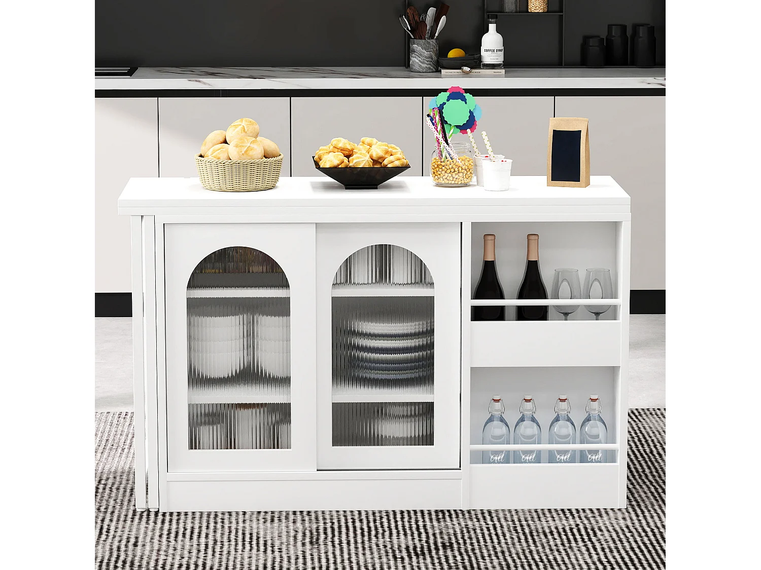 Table de bar extensible rotative à 360°avec portes vitrées - 121.5 x 40 x 76.7 cm - MDF - blanc