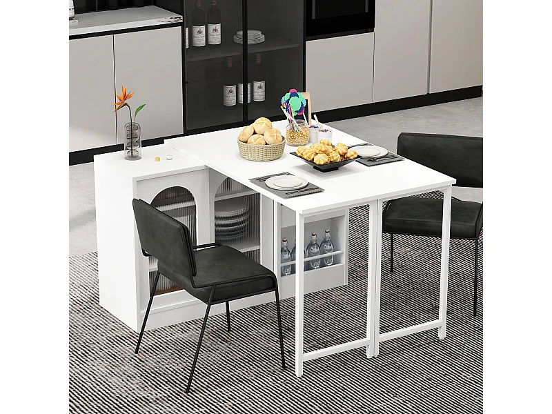 Table de bar extensible rotative à 360°avec portes vitrées - 121.5 x 40 x 76.7 cm - MDF - blanc