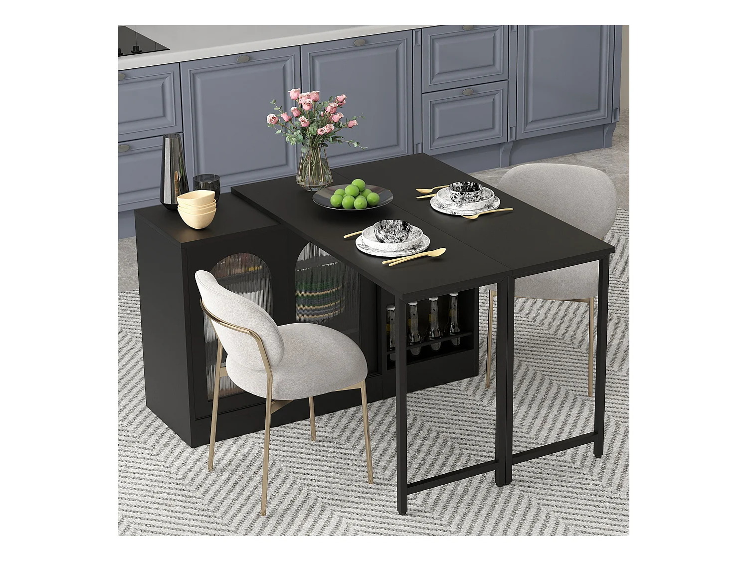 Table de bar extensible rotative à 360°avec portes vitrées - 121.5 x 40 x 76.7 cm - MDF - noir