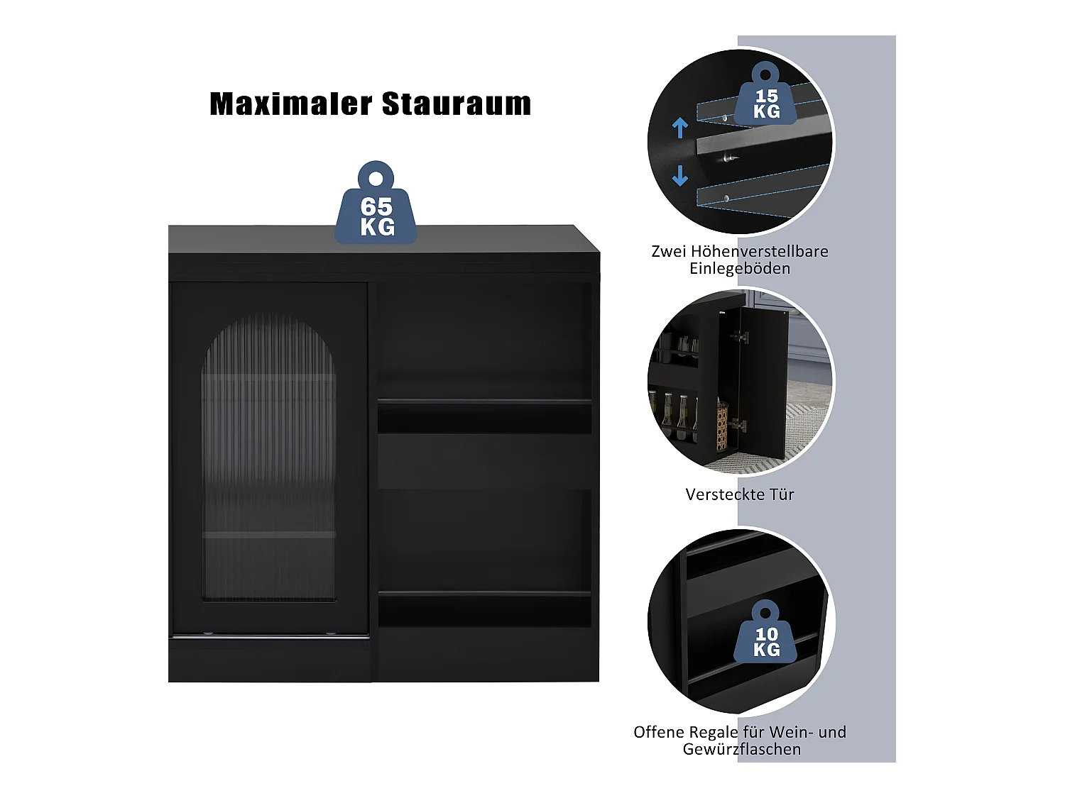 Table de bar extensible rotative à 360°avec portes vitrées - 121.5 x 40 x 76.7 cm - MDF - noir