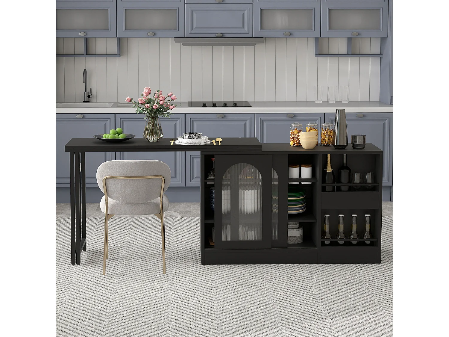 Table de bar extensible rotative à 360°avec portes vitrées - 121.5 x 40 x 76.7 cm - MDF - noir