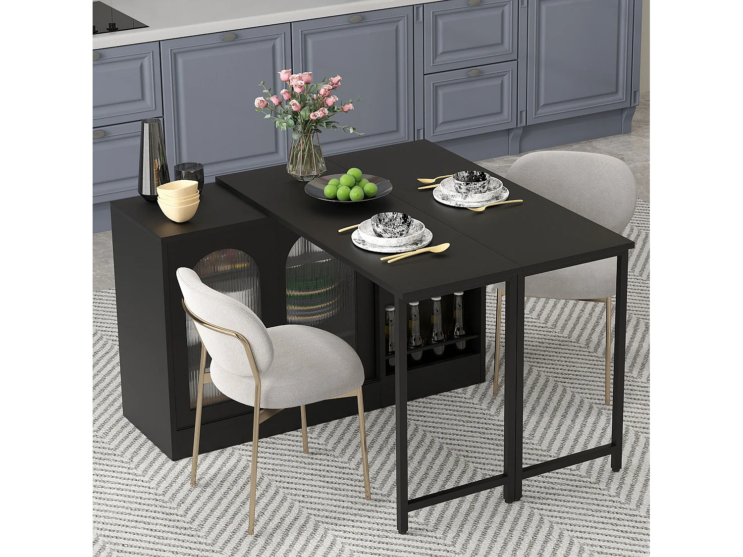 Table de bar extensible rotative à 360°avec portes vitrées - 121.5 x 40 x 76.7 cm - MDF - noir