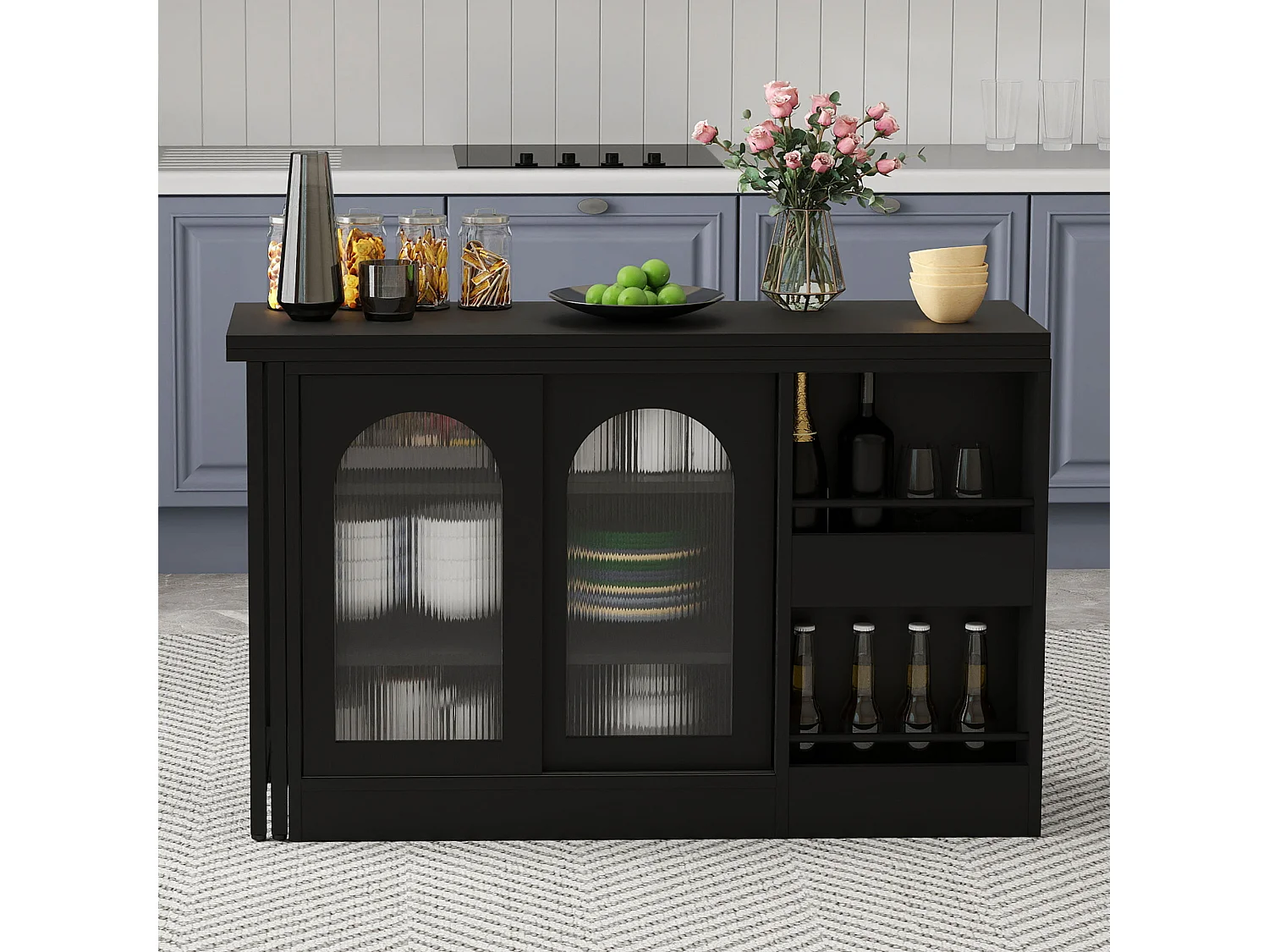 Table de bar extensible rotative à 360°avec portes vitrées - 121.5 x 40 x 76.7 cm - MDF - noir