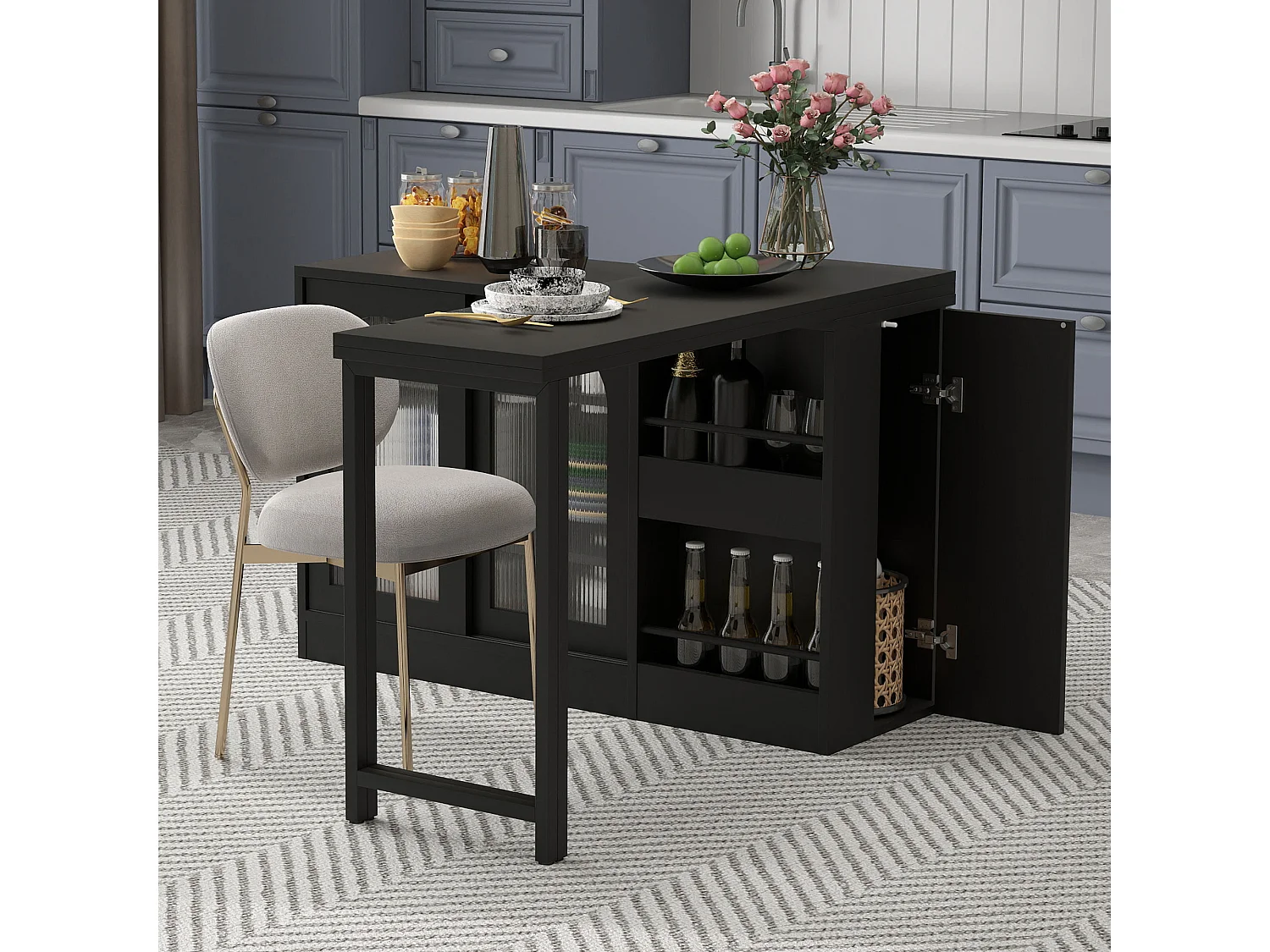 Table de bar extensible rotative à 360°avec portes vitrées - 121.5 x 40 x 76.7 cm - MDF - noir